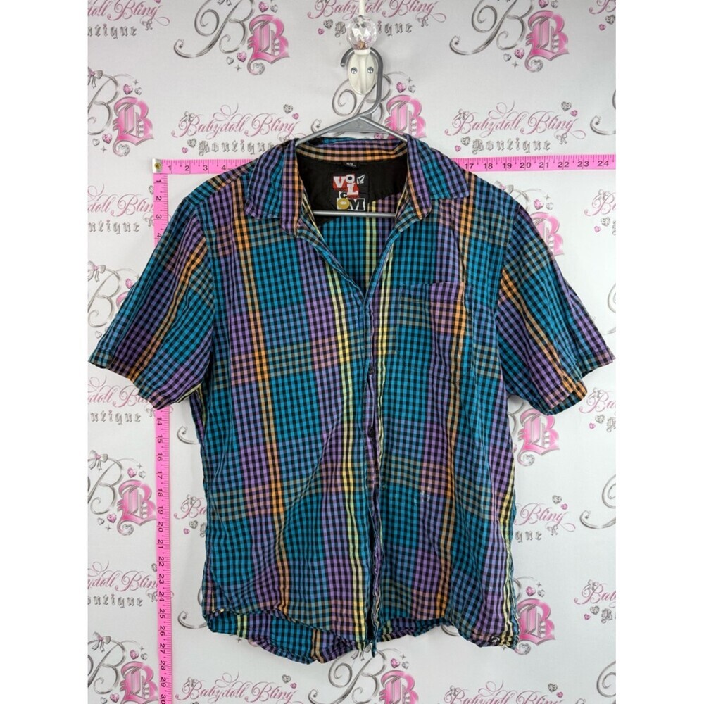 Volcom Multicolor Plaid Short-Sleeve Button-Down Top - Blue/Purple/Green/Yellow